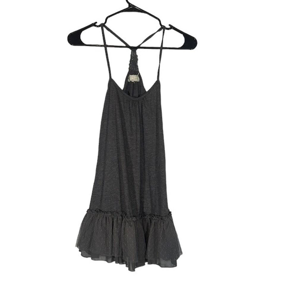 A’Reve Women’s Gray Crochet Ruffle Tulle Trim Racerback Sleeveless Blouse Sz Sm